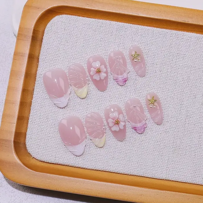 10 pièces français amande presse sur ongles fleur faux ongles portable Stick-on ongles faux ongles U