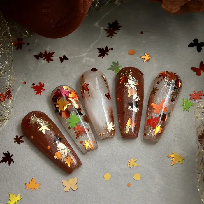 Paillettes pour ongles en forme de feuilles d'érable d'automne, feuilles d'automne, papillons, hexagones, accessoires pour nail art, décoration de manucure DIY