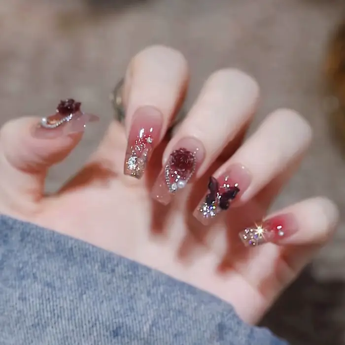 24 pièces doux mignon arc faux ongles avec cristal rose Design coréen faux ongles conseils pour fill