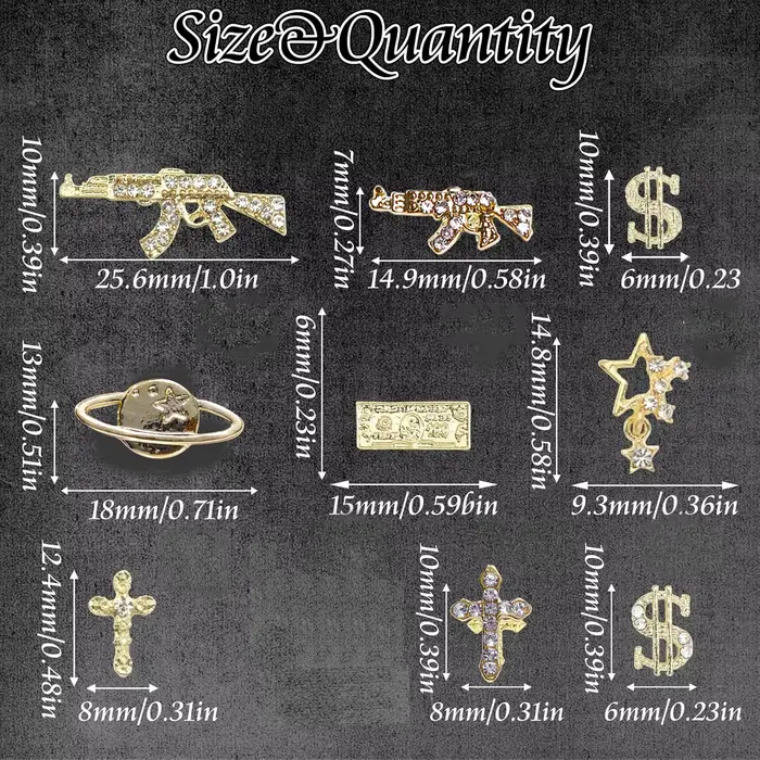 55 pièces pistolet ongles breloques 3D croix Nail Art bijoux or Dollar signe breloques ongles Multi
