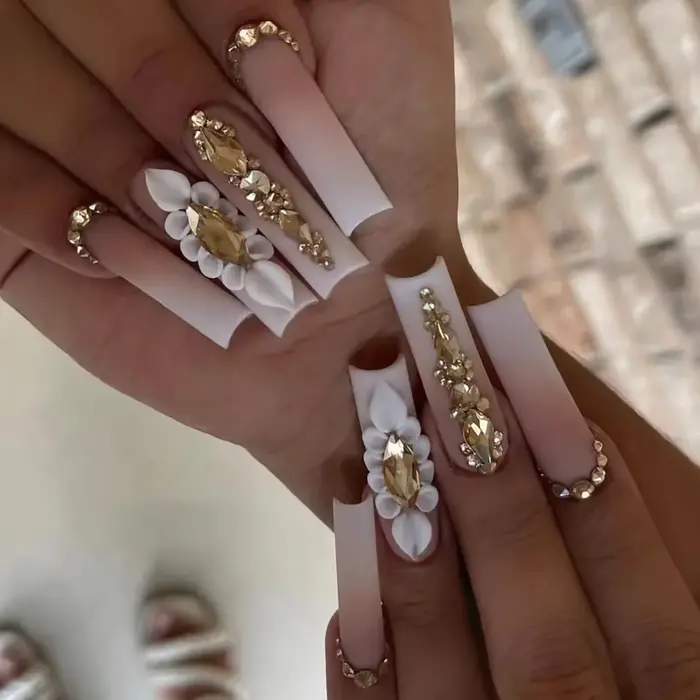 Faux ongles français longs avec colle, 24 pièces, faux ongles de Ballet, Design papillon en strass, 