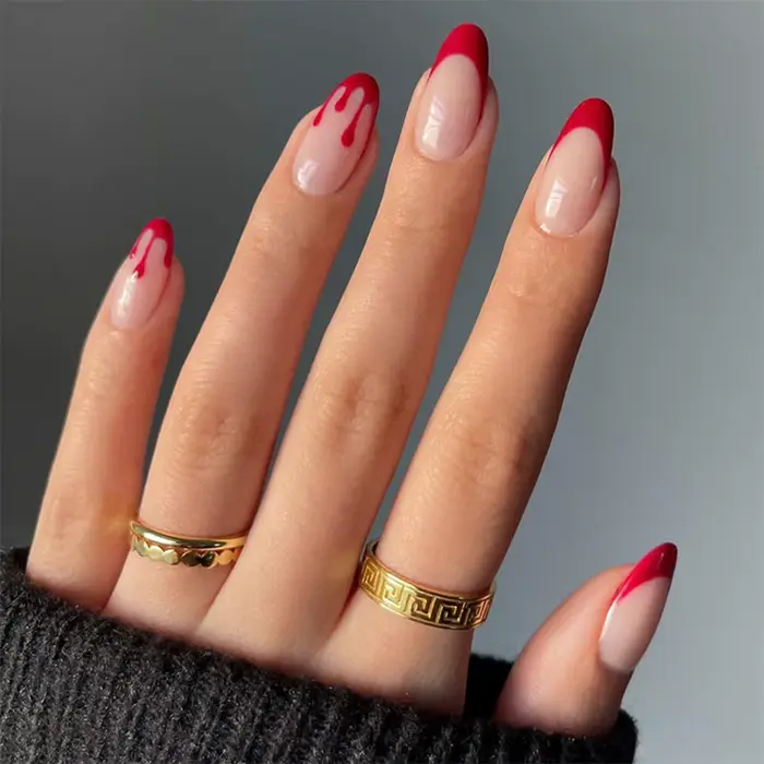 24 faux ongles d'Halloween, motifs sang rouge/chauve-souris, couleur nude, forme amande, à presser, 