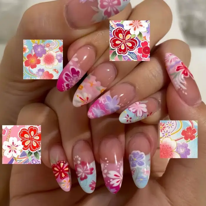 24 pièces par ensemble. Fleurs en forme d'amande, ongles press-on français. Style adolescent doux et