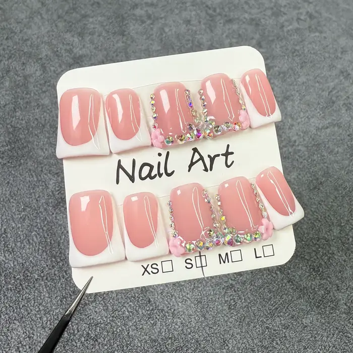 10 pièces rose bec de canard fait à la main presse sur les ongles Art Simple blanc français court fa
