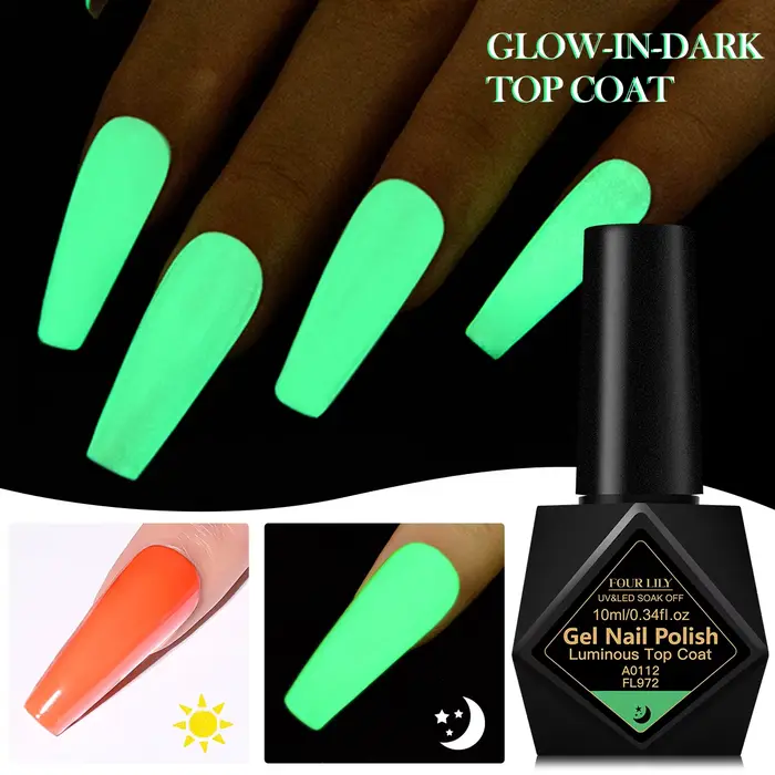 FOUR LILY 10ml Top Coat Lumineux Sans Résidu Gel Vert Phosphorescent Vernis à Ongles DIY Salon à Domicile Cadeau Festif Pour la Saint-Valentin