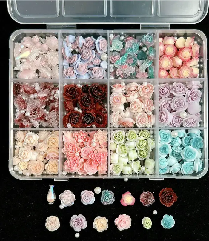 Breloques pour ongles en résine mixte 3D, 12 grilles, fleur de Rose, strass à dos plat, bricolage, d