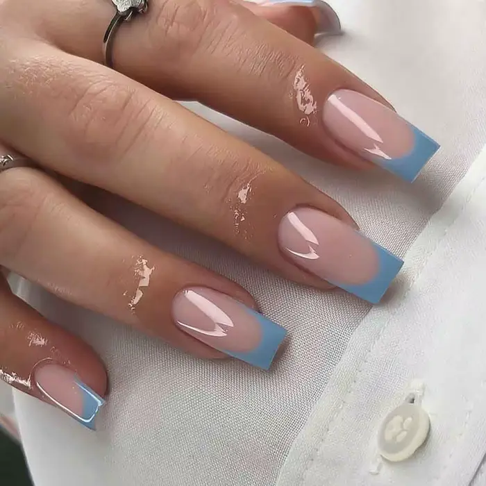 48PCMedium Press Nail Square And Press Toe Nail Set, Blue French Pointed Full Coverage Nail, French 