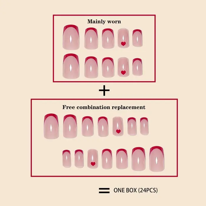 Femmes filles moyen carré français rouge bordure coeur imprimé brillant couverture complète portable faux ongles presse sur Nail Art 24 pièces/ensemble