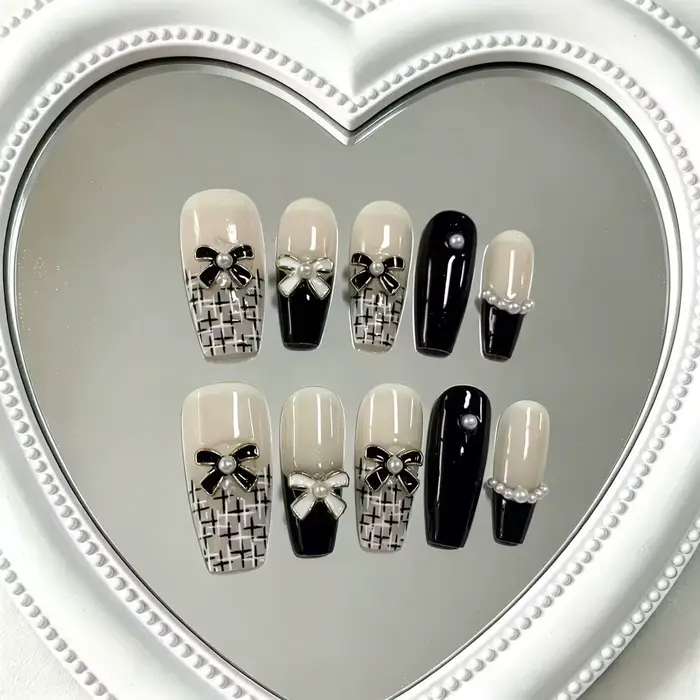 Ensemble de 10 faux ongles gothiques Lolita faits main en métal robuste avec zircon