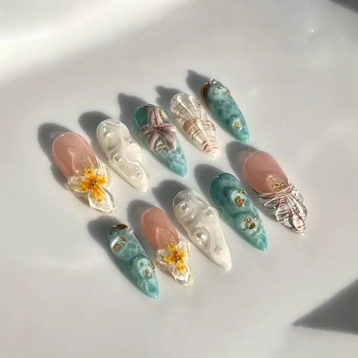 10 pièces presse à la main sur les ongles motif d'ondulation d'eau étoile de mer amande faux
