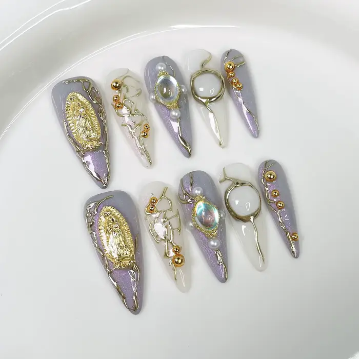 Faux ongles français rose doux, 10 pièces, lumière d'automne, luxe, Long Stiletto, motif Floral, str