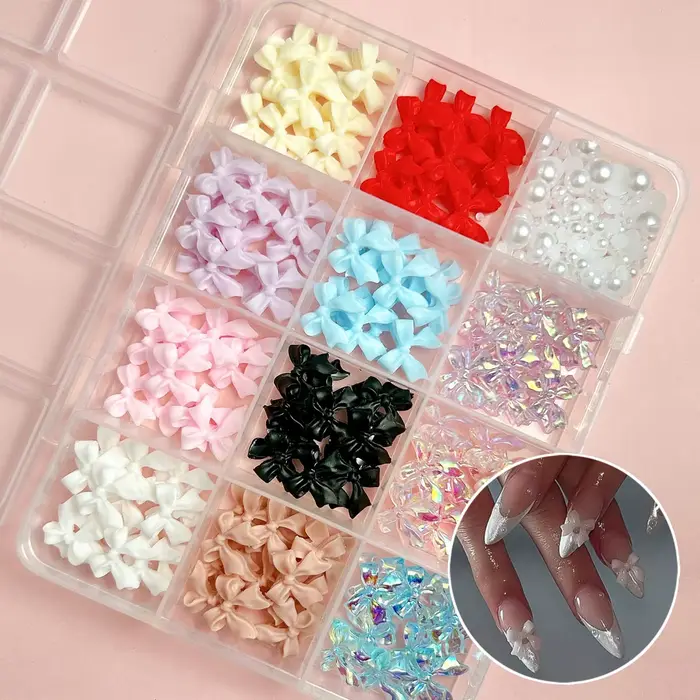 Boîte de nœuds de ruban doux 3D, plusieurs couleurs, breloques pour ongles en résine, perles artific