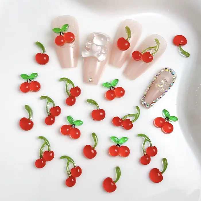20 pièces 3D créatif simulé cerise ongles breloques glace Transparent rouge