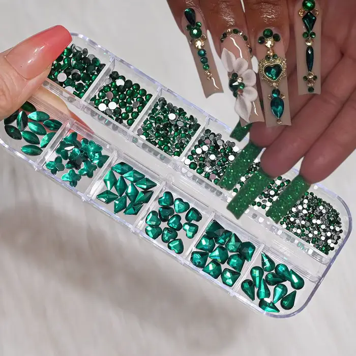 12 grilles 3D rouge Nail Art strass mixte coeur/papillon/rond/goutte verre diamants bricolage manucu
