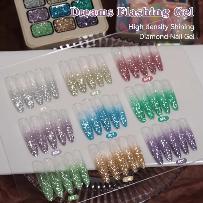 Vendeeni Vernis à ongles gel effet diamant brisé 9 couleurs, vernis gel or et argent, paillettes fines, palette de vernis gel