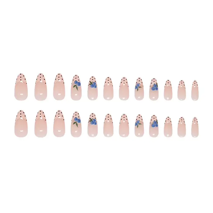 Faux ongles à presser en amande, nude à pois, style French, avec décor 3D Myrtille, amovibles, pour femme, manucure tendance, pour le printemps, le quotidien et les rendez-vous
