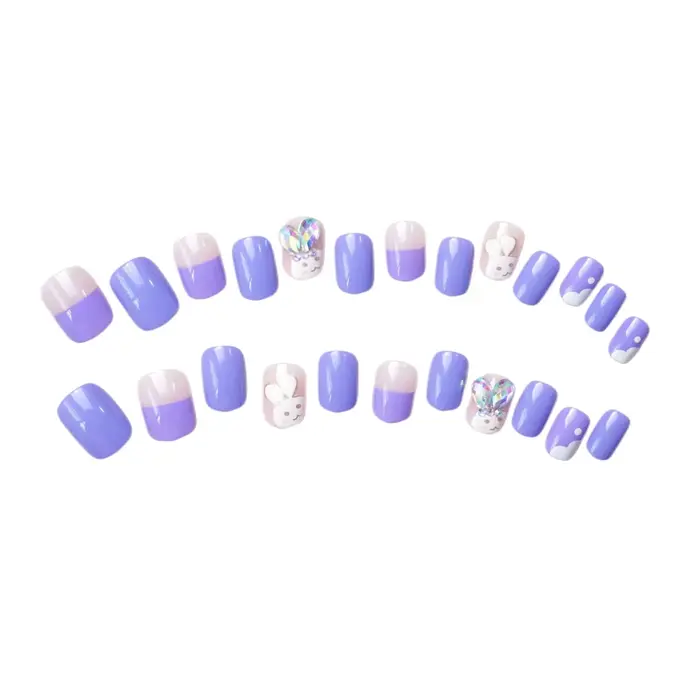 24P Taro violet lapin conception couverture complète faux ongles artificiels amovibles presse sur Nail Art acrylique