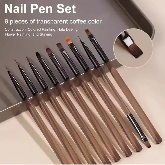 Ensemble de 9 pinceaux à ongles, ensemble complet d'outils pour le nail art, stylo pour les lignes, 