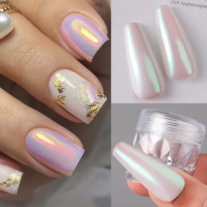 Poudre à ongles en forme de perle chromée blanche