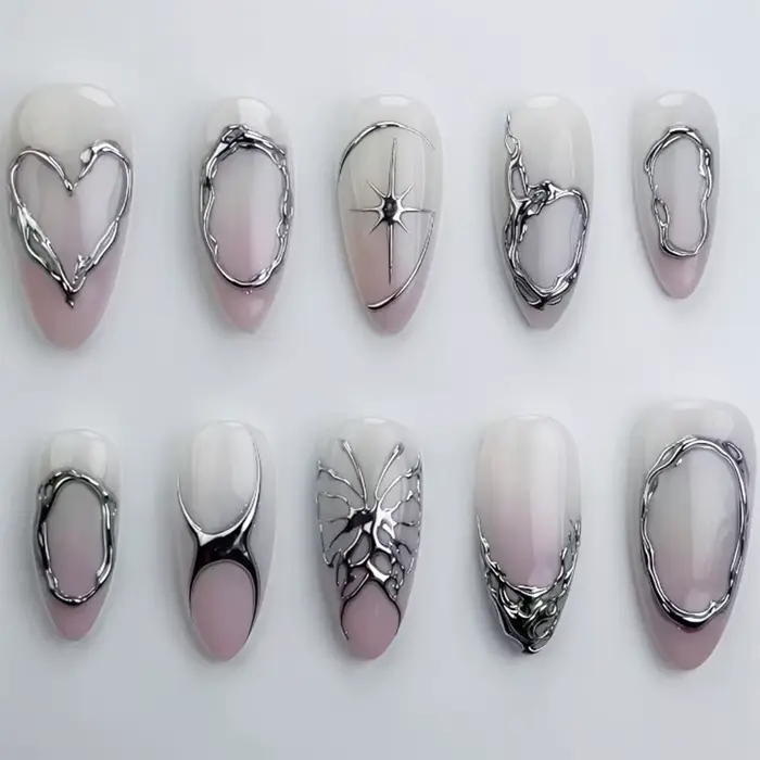 Faux ongles ovales mi-longs à pression en amande bleue