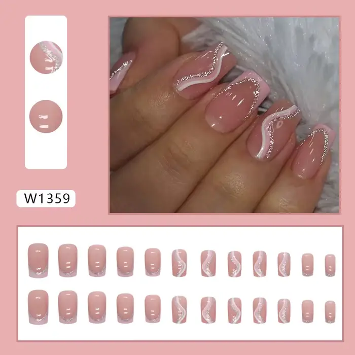 24 pièces rayures minimalistes françaises courtes avec 1 gelée et 1 lime à ongles doux Nail Art rose