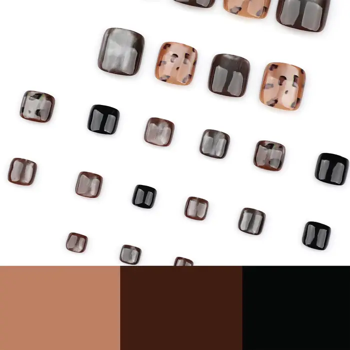 24 pièces imprimé léopard oeil de chat presse sur ongles pour pied brillant marron court tête carrée faux