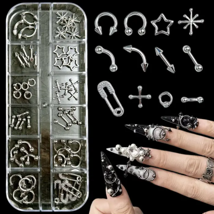 12 grilles Goth Punk ongles breloques goujons Y2K Piercing conceptions métallique argenté