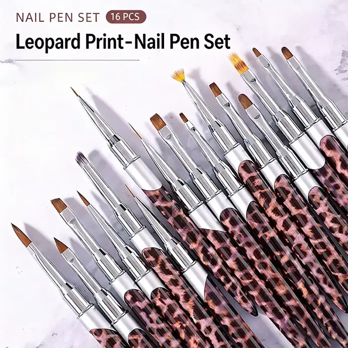 Lot de 16 pinceaux à ongles imprimé léopard