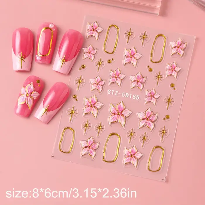 Autocollant pour Nail Art, fleur d'hibiscus en relief, fleur rose avec anneau en métal doré, décalco