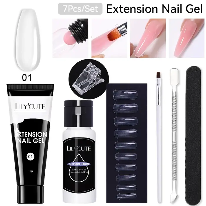 LILYCUTE 7 pièces/ensemble 15ml Gel à ongles à Extension rapide transparent avec Solution antidérapante poussoir
