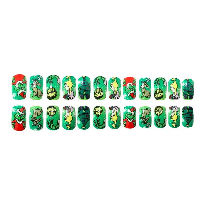 Faux ongles carrés courts à pression de noël monstre vert mignon avec lettres vertes Grinch couverture complète bâton
