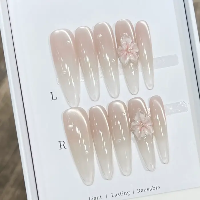 Faux ongles longs en amande, pointes avec œil de chat vert, faits à la main, à pression française, f