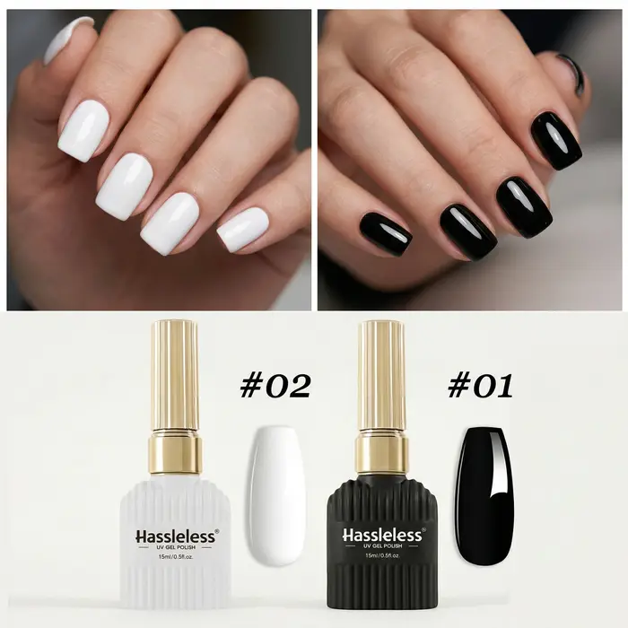 Lot de 2 vernis à ongles gel noir et blanc 15 ml, semi-permanents, à retirer par trempage, UV LED, outils de manucure, design DIY, laque à ongles