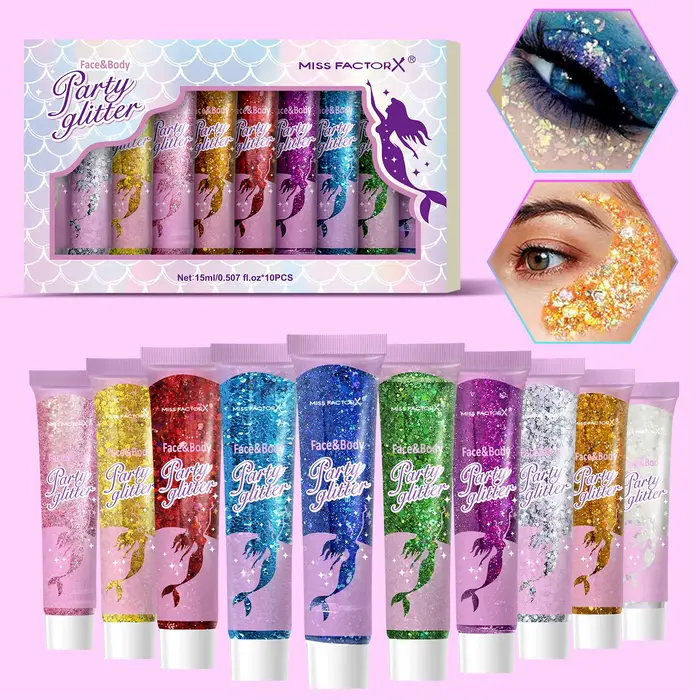 Gel à paillettes pour le corps, 10 pièces, cosmétiques à paillettes pour le visage de carnaval adaptés aux femmes, paillettes pour cheveux épais et brillants, accessoires de carnaval pour