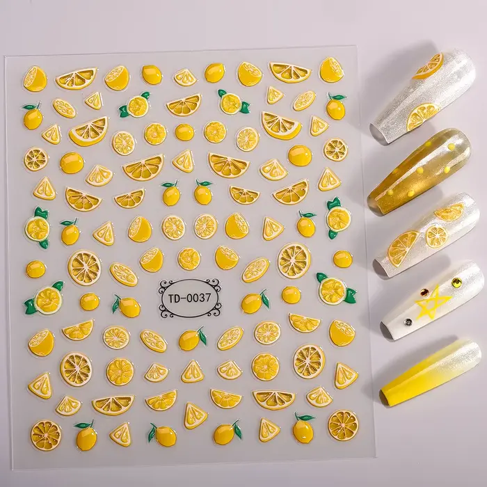 1 autocollant 5D pour ongles, motif citron estival en gelée, décalcomanies auto-adhésives en relief 