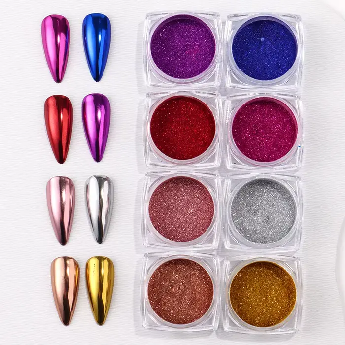 Poudre à ongles miroir chromé, 8 boîtes, métallique, argent, or, bleu, Nail Art, paillettes, scintil