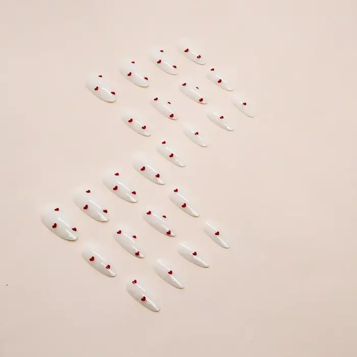 24 pièces ongles en forme d'amande blanc couverture complète presse rouge