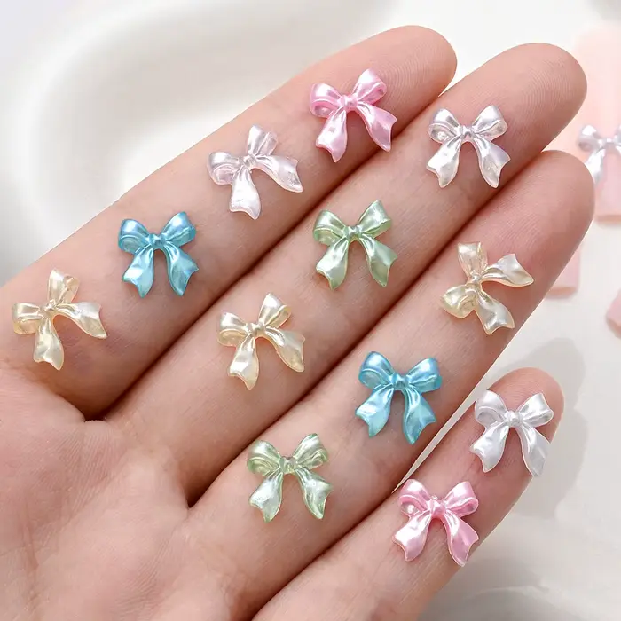 Breloques pour ongles en ruban nacré rose 3D, 100 pièces, nœud papillon en résine Kawaii, décoration