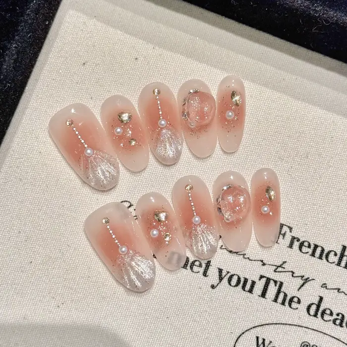 10 pièces à la main sirène faux ongles 3D été océan perle diamant conceptions presse sur ongles Auro