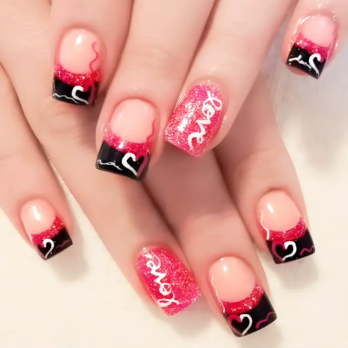 Y2K – faux ongles français noirs pour filles, 24 pièces, courts, carrés, à pression, rose, amour, cœ