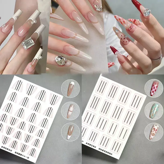 Autocollants de guidage de manucure française transparents, 1 feuille, adhésif fort, décalcomanies pour Nail Art, pochoir de manucure française, outils de coiffure 3D, DIY bricolage