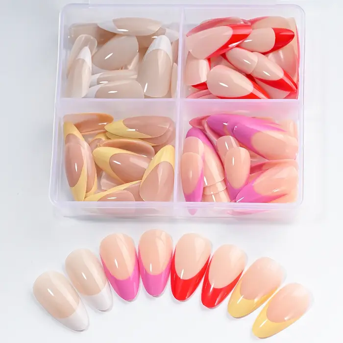 96 pièces/boîte mixte moyen amande français faux ongles blanc/rouge/rose/jaune