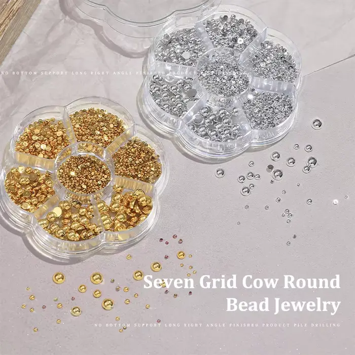 7 grilles argent or taille mixte perle Nail Art décorations blanc demi-rond fond plat