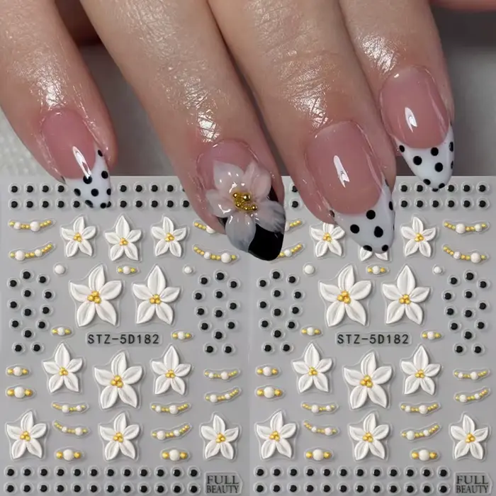 Autocollants pour ongles à motifs floraux tropicaux - Design floral blanc et à pois