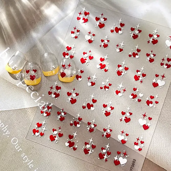 3D saint valentin amour coeur Nail Art autocollant rouge blanc croix étoiles auto-adhésif ongles décalcomanies 8*10 cm
