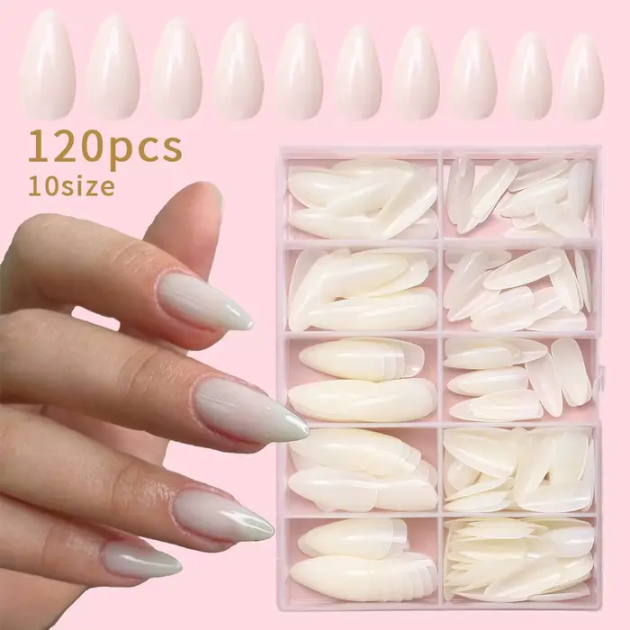 120 pièces blanc laiteux moyen amande Gel faux ongles naturel Simple brillant pur blanc presse sur o