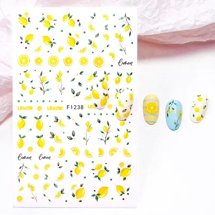 Autocollants pour ongles en forme de tranches de citron jaunes