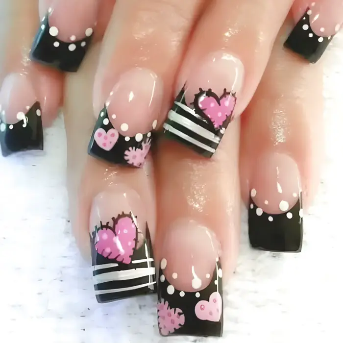 Y2K – faux ongles français noirs pour filles, 24 pièces, courts, carrés, à pression, rose, amour, cœ