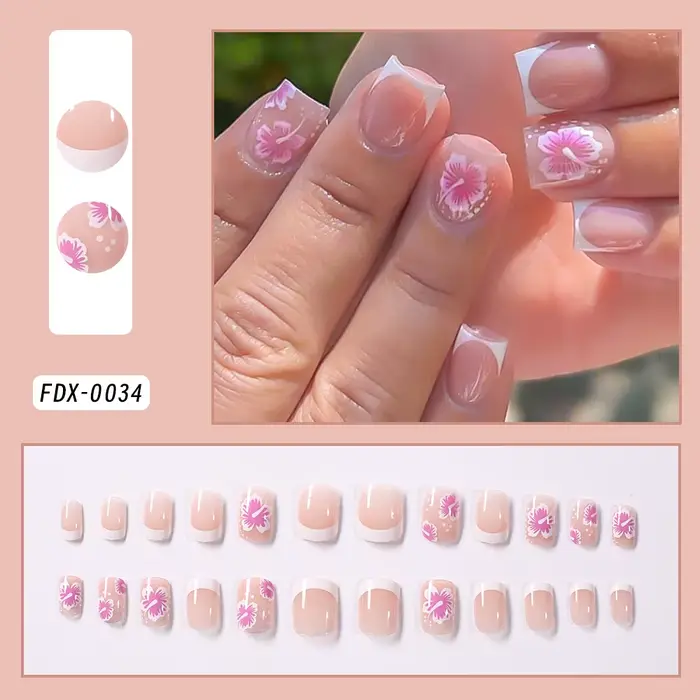 Faux ongles à fleurs françaises, 24 pièces, Design Hibiscus rose, couverture complète, pointes de do