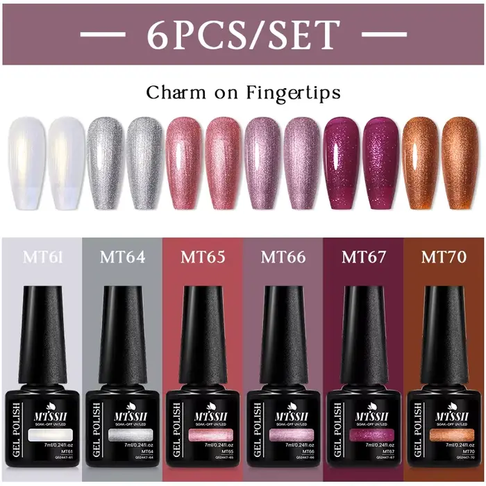Lot de 6 vernis à ongles gel couleur unie 7ml – Collection Printemps-Été – Paillettes Noir Blanc Rou